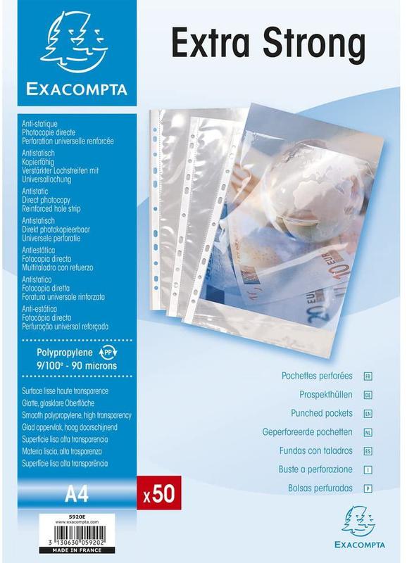 Exacompta Punch Pockets Polypropylene A4 90 Micron Clear (Pack 50)