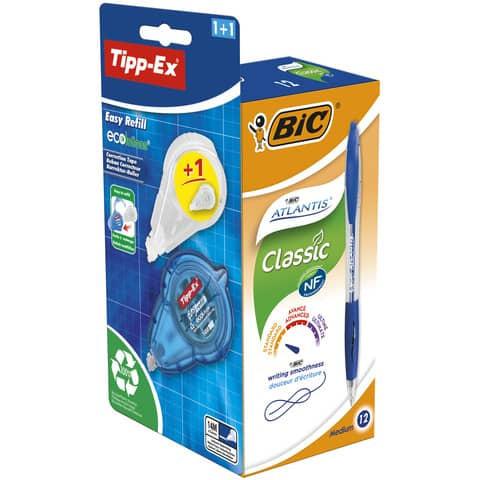 Bic Atlantis Retractable Ballpoint Pen 1mm Tip 0.32mm Line Blue with 1 x Free Tipp-Ex Ecolutions Easy Refill Correction Tape (Pack 12)