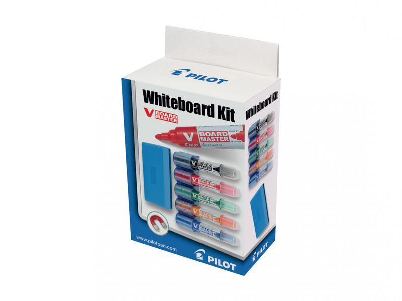Pilot V-Board Master Whiteboard Marker and Eraser Kit Bullet Tip 2.3mm Line Assorted Colours (Pack 5)