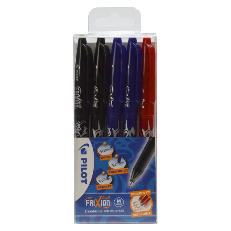 Pilot FriXion Ball Erasable Gel Rollerball Pen 0.7mm Tip 0.35mm Line 2 x Black/2 x Blue/1 x Red (Pack 5)