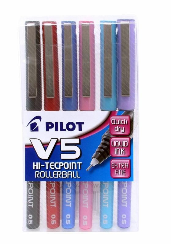 Pilot V5 Hi-Tecpoint Liquid Ink Rollerball Pen 0.5mm Tip 0.3mm Line Black/Blue/Light Blue/Pink/Purple/Red (Pack 6)