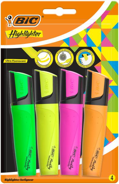 Bic Highlighter Pen with Clip Chisel Tip 1.7-4.8mm Assorted Colours (Pack 4)