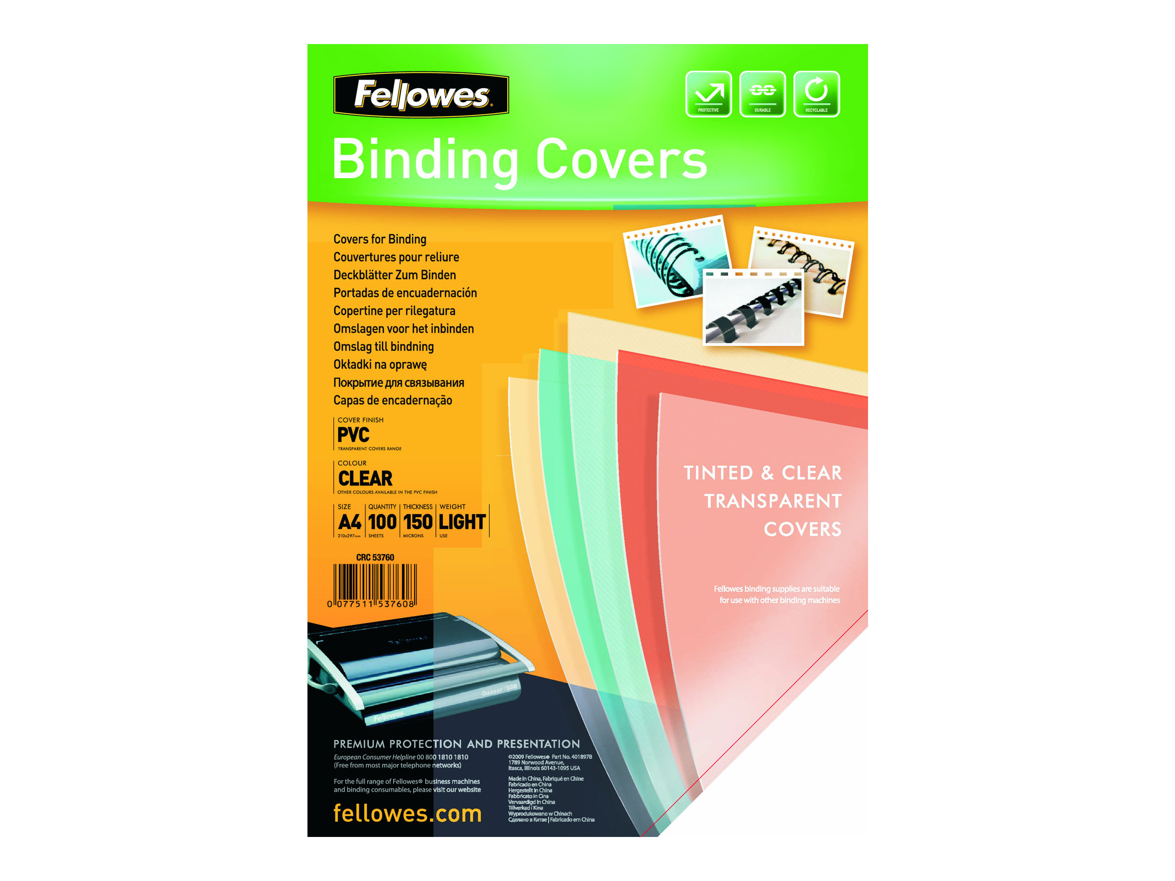 Fellowes PVC Cover A4 150 Microns Clear 5376001 (PK100)
