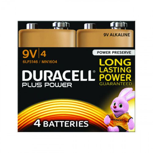 9V Duracell Plus 9V Alkaline Batteries (Pack 4) MN1604B4PLUS