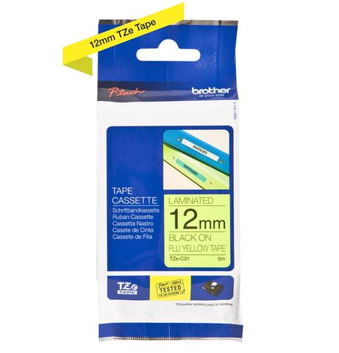 Ribbons Brother Fluroescent Black On Yellow Label Tape 12mm x 5m - TZEC31
