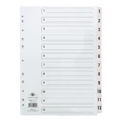Concord+Classic+Index+1-12+A4+180gsm+Board+White+with+Clear+Mylar+Tabs+01201%2FCS12