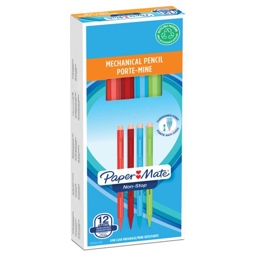 Mechanical Pencils Paper Mate Non Stop Mechanical Pencil HB 0.7mm Lead Assorted Colour Barrel (Pack 12)