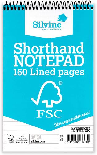 Silvine+FSC+127x203mm+Wirebound+Card+Cover+Reporters+Shorthand+Notebook+Ruled+160+Pages+Blue+%28Pack+10%29+-+FSC160