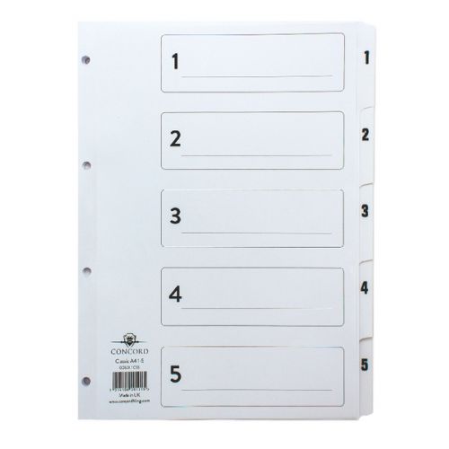 Concord Classic Index 1-5 A4 180gsm Board White with Clear Mylar Tabs 00501/CS5