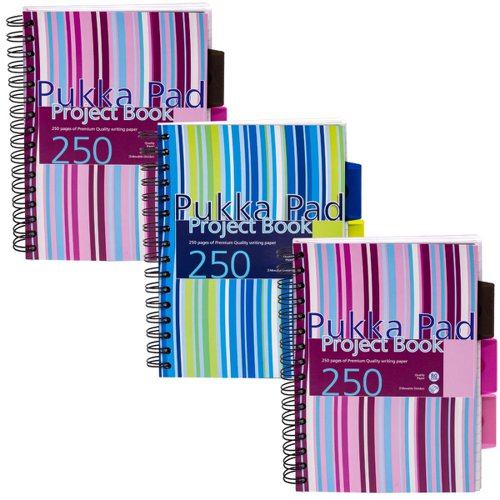 Pukka Pad A5 Wirebound Polypropylene Cover Project Book Ruled 250 Pages Assorted Stripe Colours (Pack 3) - PROBA5