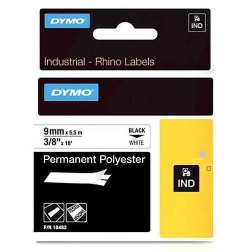 Labelling Tapes & Labels Dymo Rhino Industrial Permanent Polyester 9mmx3.5m Black on White 18482