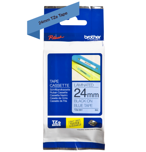 Brother PTouch Glossy Black On Blue 24mm x 8m Labelelling Tape - TZE551