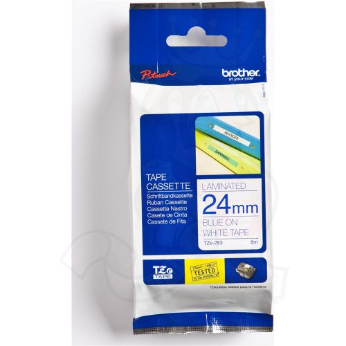 TZE253 24mm Blue On White Tape