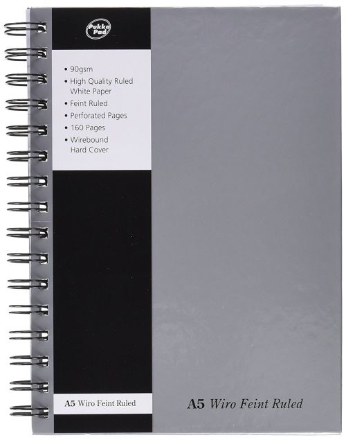 Spiral Note Books Pukka Pad A5 Wirebound Hard Cover Notebook Ruled 160 Pages Silver (Pack 5)