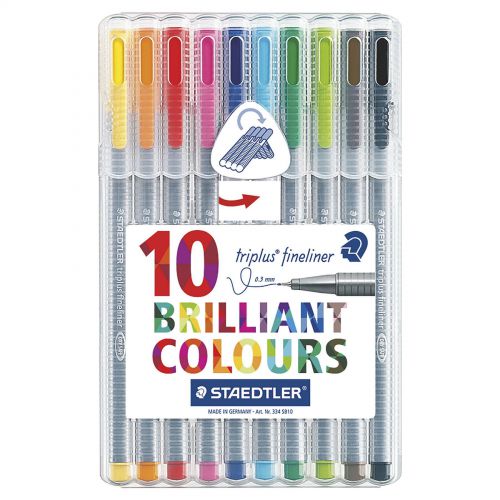 Staedtler Triplus Fineliner Pen 0.8mm Tip 0.3mm Line Assorted Colours in a Desktop Box (Pack 10)