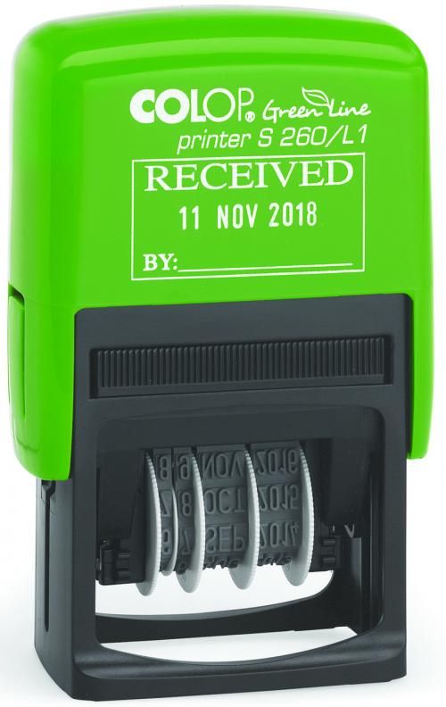 Colop Green Line S260/L1 Self Inking Word and Date Stamp RECEIVED Blue/Red Ink - 105639