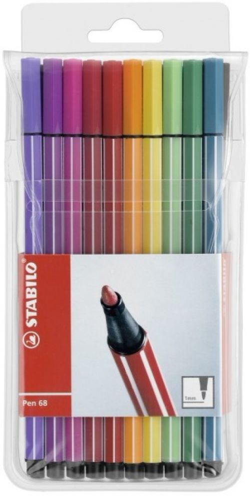 STABILO Pen 68 Fibre Tip Pen 1mm Line Assorted Colours (Wallet 10)