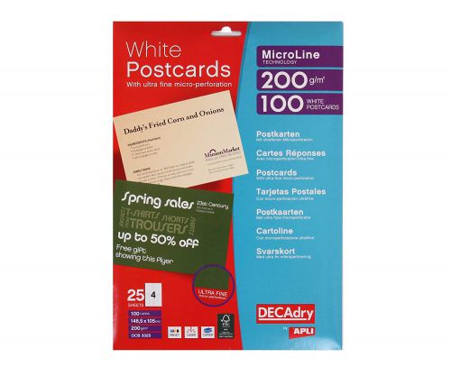 DECAdry Postcards 148.5x105mm 4 Per Sheet 200gsm Micro Perforated White (Pack 100) - OCB3325