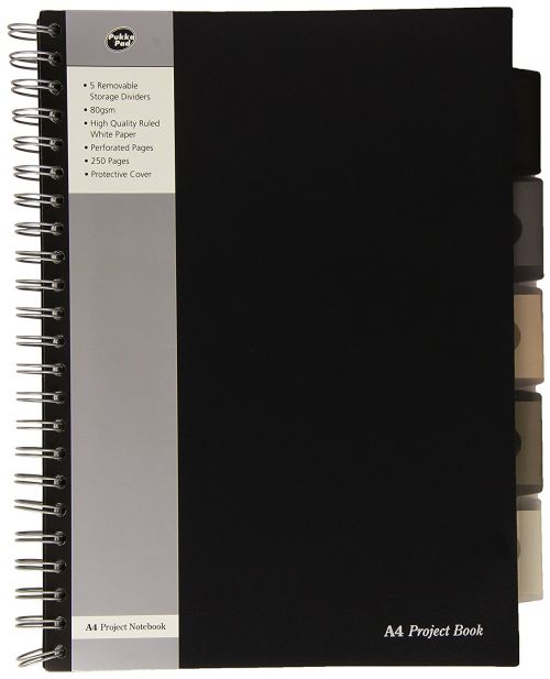 Spiral Note Books Pukka Pad A4 Wirebound Polypropylene Cover Project Book Ruled 250 Pages Black (Pack 3)
