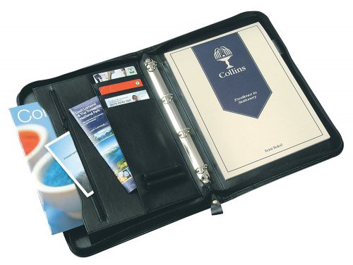 Potfolios Collins A4 Conference Ring Binder Zipped with 25mm Gusset Leather Look Black 7017