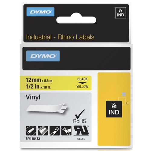 Dymo Rhino Industrial Vinyl Tape 12mmx5.5m Black on Yellow 18432