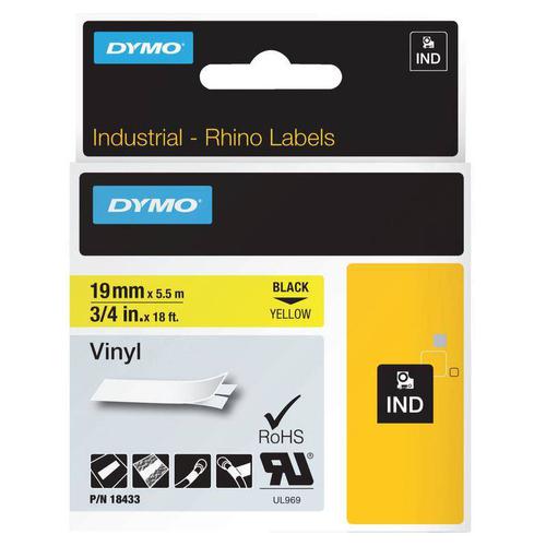 Labelling Tapes & Labels Dymo Rhino Industrial Vinyl Tape 19mmx5.5m Black on Yellow 18433