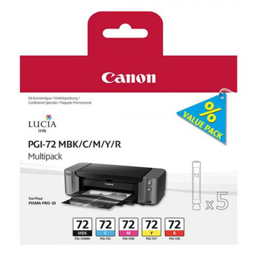 Inkjet Cartridges Canon PGI72 Matte Black Cyan Magenta Yellow Red Standard Capacity Ink Cartridge 5 x 14ml Multipack - 6402B009