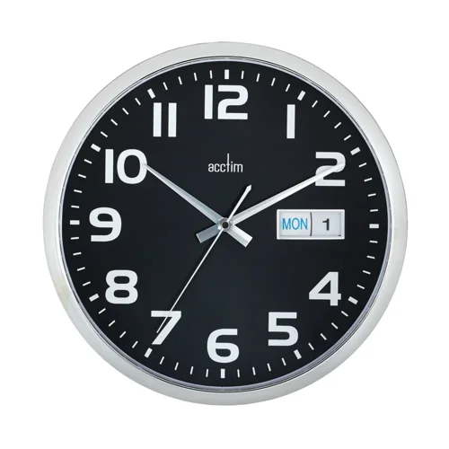 Acctim Supervisor Quartz Wal Clock With Day and Date Display 320mm Diameter Chrome and Black - 21023 Acctim Supervisor Quartz Wal Clock With Day and Date Display 320mm Diameter Chrome and Black - 21023