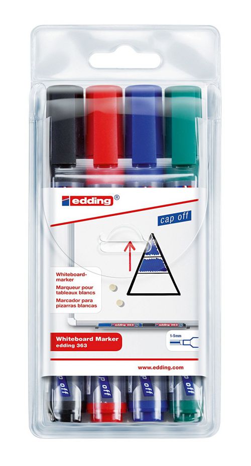 Drywipe Markers edding 363 Whiteboard Marker Chisel Tip 1-5mm Line Assorted Colours (Pack 4)