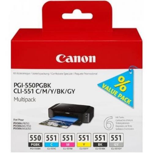 Canon+PGI550+CLI551+Black+Photo+Black+Cyan+Grey+Magenta+Yellow+Standard+Capacity+Ink+Cartridge+Multipack+6+x+7ml+%28Pack+6%29+-+6496B005