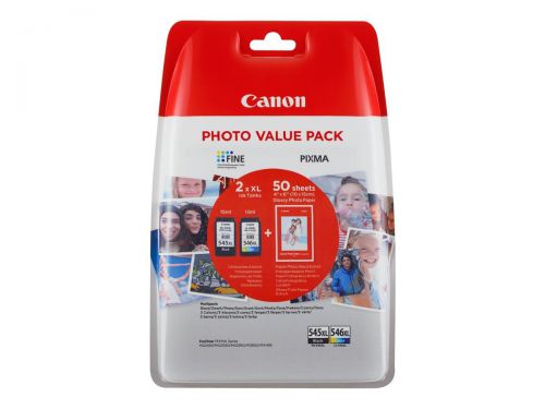 Canon+PG545XL+CL546XL+High+Yield+Black+15ml+%2B+Tri-+Colour+Ink+Cartridge+13ml+%2B+50+Sheets+10+x+15cm+Glossy+Photo+Paper+Value+Pack+-+8286B006