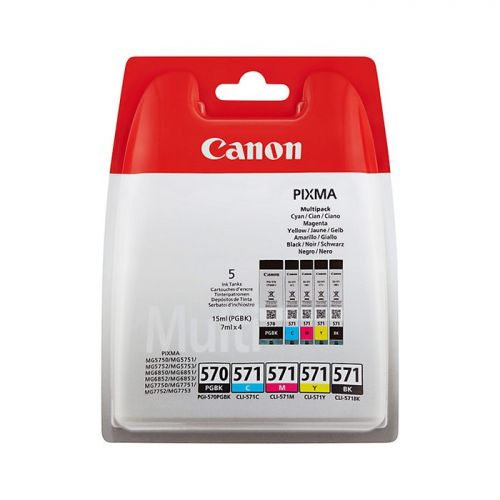 Canon+PGI570BK+CLI571+Black+Photo+Black+Cyan+Yellow+Magenta+Standard+Capacity+Ink+Cartridge+Multipack+15ml+%2B+4+x+6.5ml+%28Pack+5%29+-+0372C004