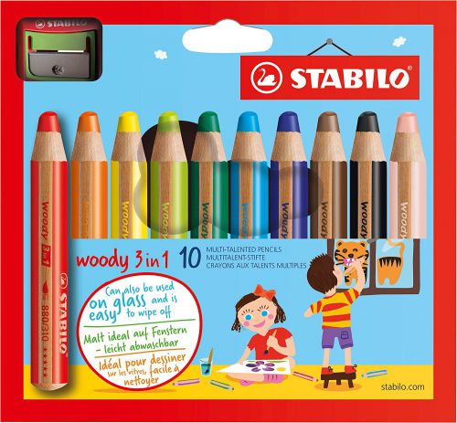 Pencils (Wood Case) STABILO woody 3 in 1 Colouring Pencil and Sharpener Set Assorted Colours (Pack 10)