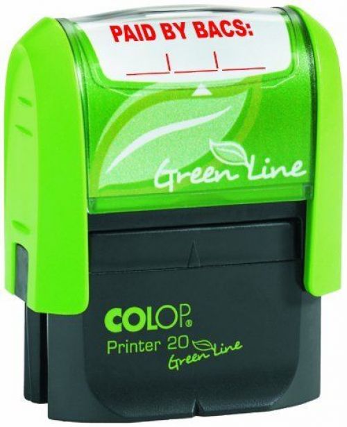 Stamps Colop Green Line P20 Self Inking Word Stamp PAID BY BACS 35x12mm Red Ink