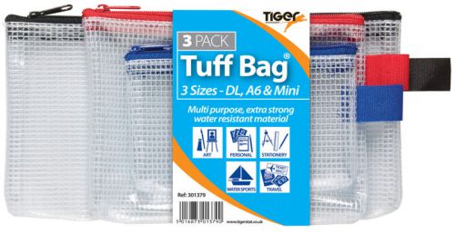 Tiger Tuff Bag Polypropylene Triple Pack of A6 Mini and DL 500 Micron Clear with Assorted Colour Zips (Pack 3)