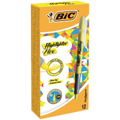 Highlighters Bic Flex Highlighter Pen Chisel Tip 1.6-3.3mm Line Yellow (Pack 12)