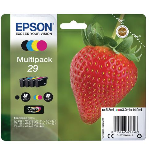 Epson+29+Strawberry+Black+Cyan+Magenta+Yellow+Standard+Capacity+Ink+Cartridge+Multipack+5ml+%2B+3+x+3ml+%28Pack+4%29+-+C13T29864012