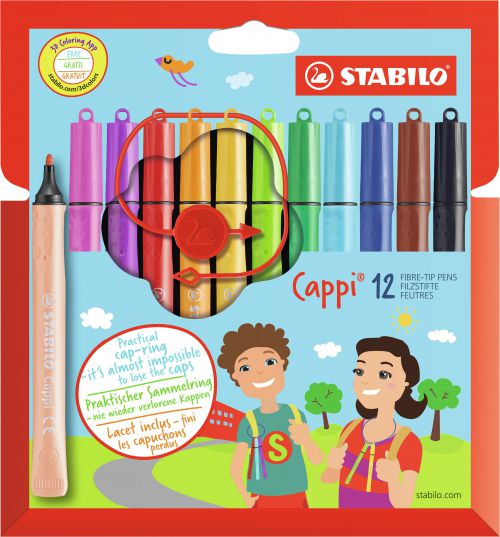 STABILO Cappi Felt Tip Pen with Cap Ring Assorted Colours (Wallet 12)
