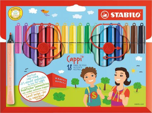 STABILO Cappi Felt Tip Pen with Cap Ring Assorted Colours (Wallet 18)