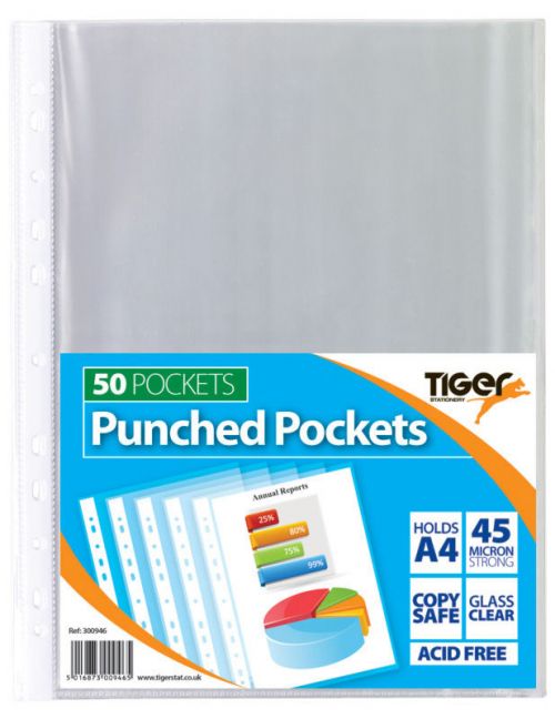 Tiger+Multi+Punched+Pocket+Polypropylene+A4+45+Micron+Top+Opening+Clear+%28Pack+50%29+-+300946