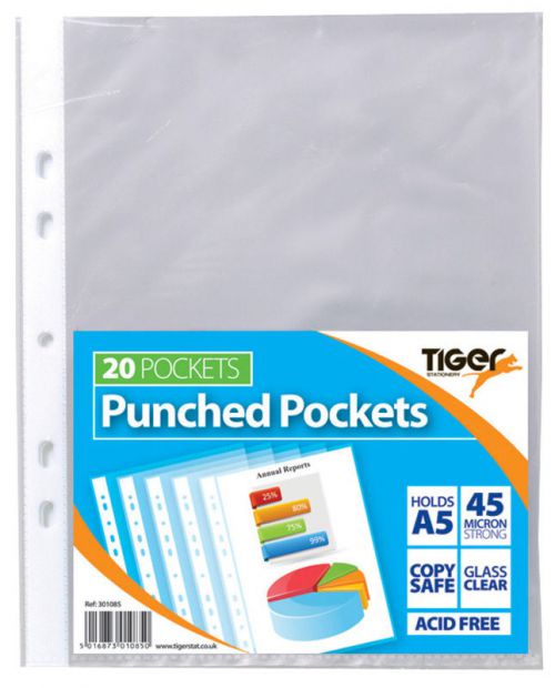 Tiger Multi Punched Pocket Polypropylene A5 45 Micron Top Opening Clear (Pack 20)