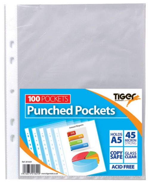 Plastic Pockets Tiger Multi Punched Pocket Polypropylene A5 45 Micron Top Opening Clear (Pack 100)