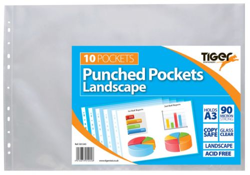 Plastic Pockets Tiger Multi Punched Pocket Polypropylene A3 45 Micron Top Opening Landscape Clear (Pack 10)
