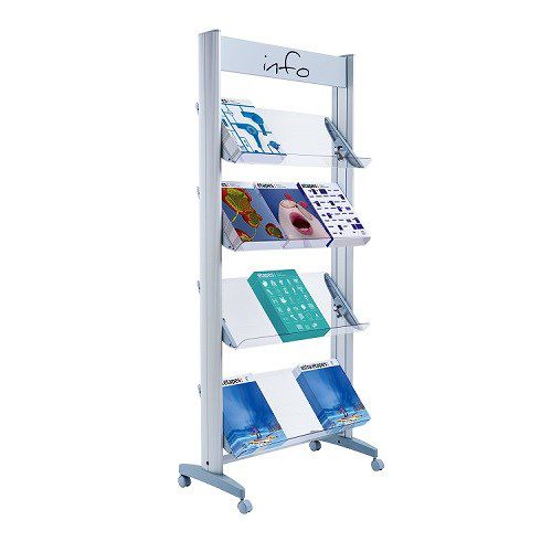 Literature Holders Fast Paper Wide Mobile Literature Display 4 Shelves Grey
