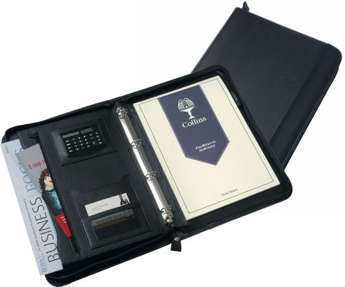 Potfolios Collins A4 Conference Ring Binder with Calculator Zipped Leather Look Black 5090