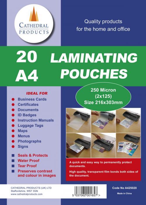 Cathedral Laminating Pouch A4 250 Micron (Pack 20)