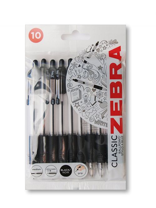 Ball Point Pens Zebra Z-Grip Retractable Ballpoint Pen 1.0mm Tip Black (Pack 10)