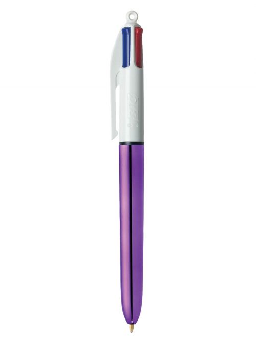 Bic 4 Colours Shine Ballpoint Pen 1mm Tip 0.32mm Line Purple Barrel Black/Blue/Green/Red Ink (Pack 12) - 951351