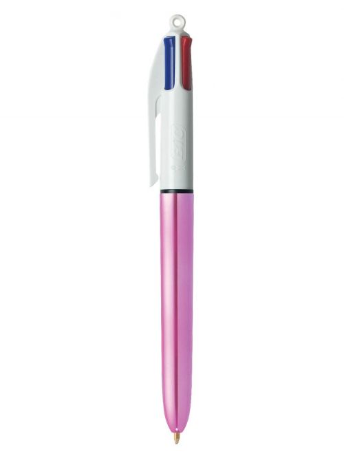 Bic 4 Colours Shine Ballpoint Pen 1mm Tip 0.32mm Line Pink Barrel Black/Blue/Green/Red Ink (Pack 12) - 951352