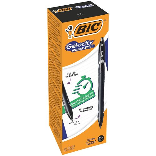 Rollerball Pens Bic Gel-ocity Quick Dry Gel Retractable Rollerball Pen 0.7mm Tip 0.3mm Line Black (Pack 12)